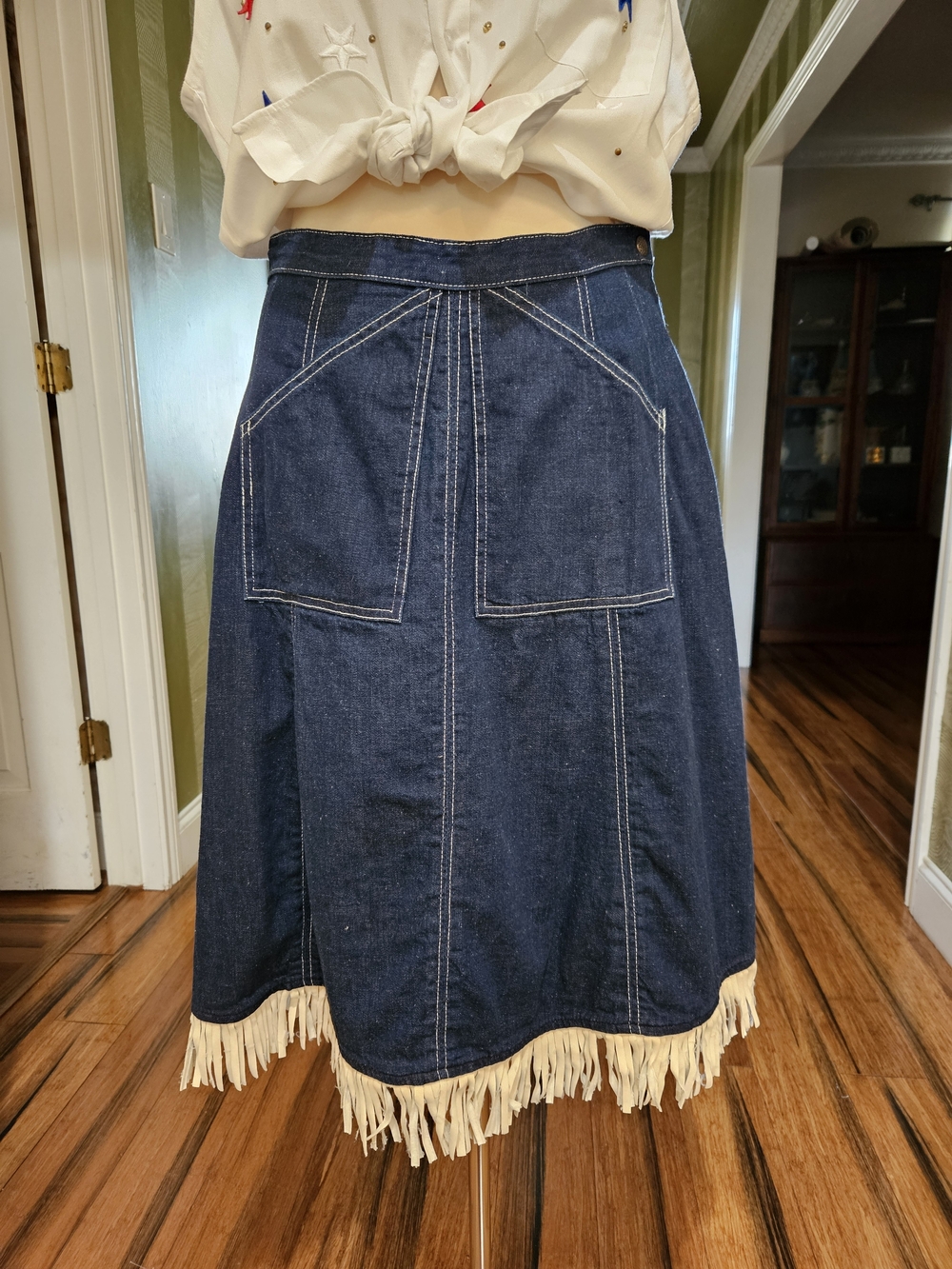 Vintage Western Denim Fringe Midi Skirt - Dark Blue Size 6/8